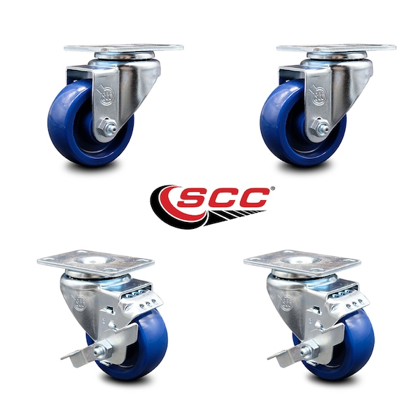 3 Inch Solid Polyurethane Wheel Swivel Top Plate Caster Set With 2 Brakes SCC